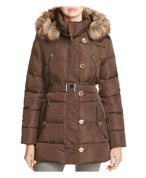 women's michael kors 3 4 belted puffer|Faux Fur Trim Quilted Belted Puffer Jacket .